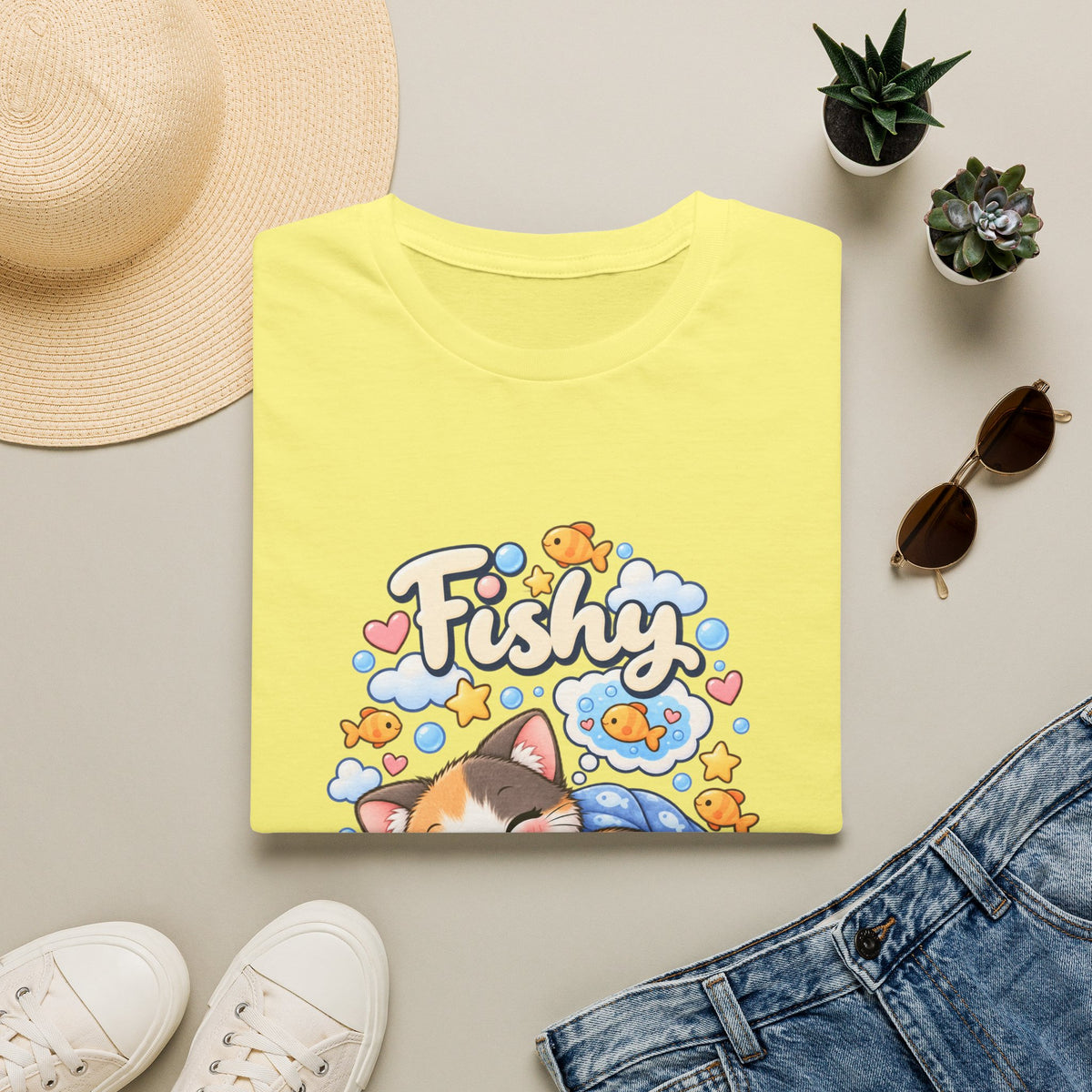 Fishy Dreams T-Shirt — Cute Cat & Goldfish Graphic Tee