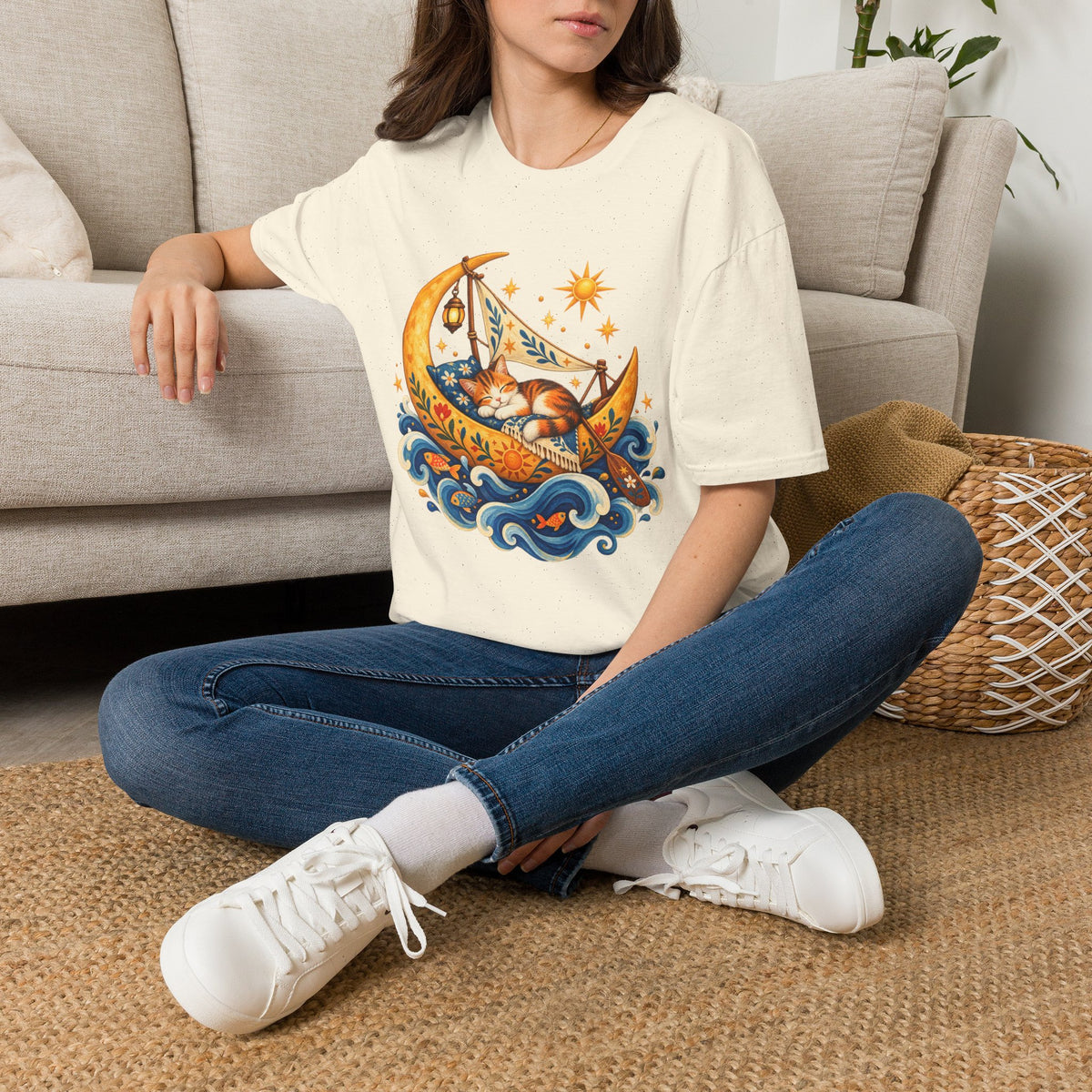 Cat on Crescent Moon T-Shirt — Whimsical Sleepy Cat Boho Tee