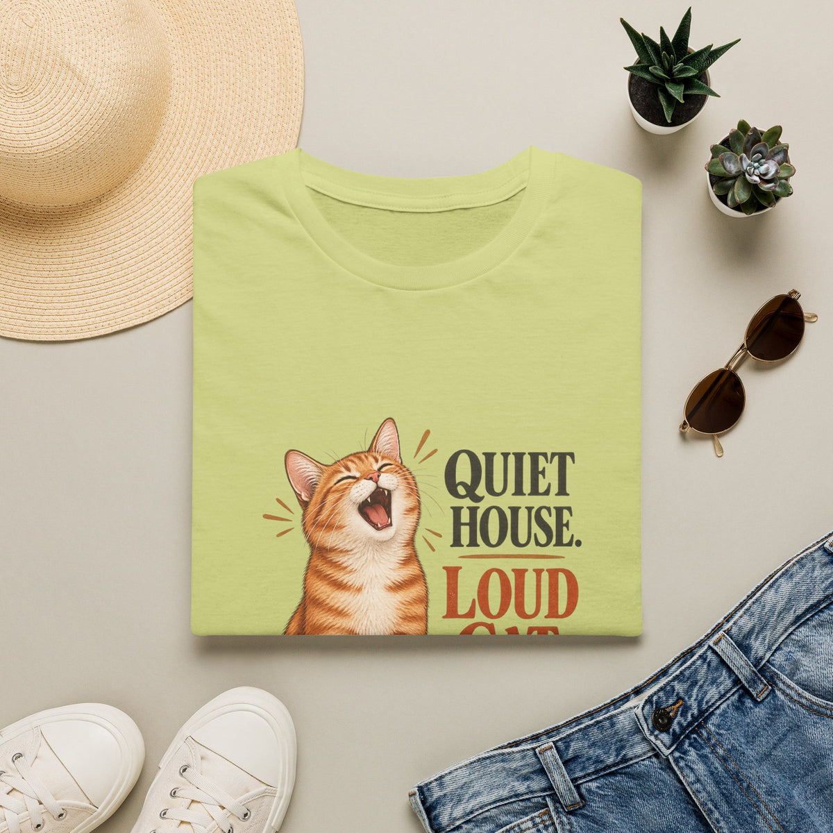 Cat T-Shirt — "Quiet House. Loud Cat." Cute Yawning Tabby Graphic Tee for Cat Lovers