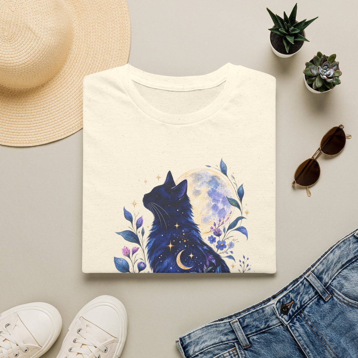 Moonlit Cat T-Shirt — Night Sky Floral Cat Silhouette Tee