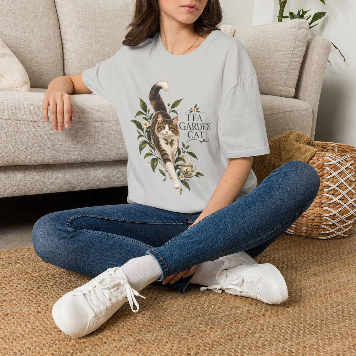 Tea Garden Cat T-Shirt — Cute Floral Cat Illustration Tee