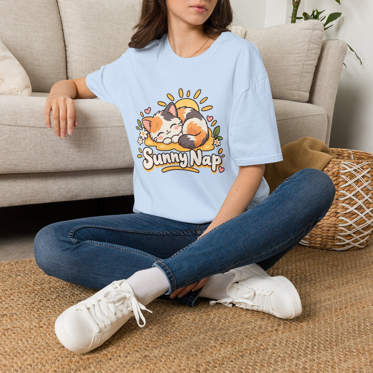 Cat T-Shirt — "Sunny Nap" Calico Cat Graphic Tee