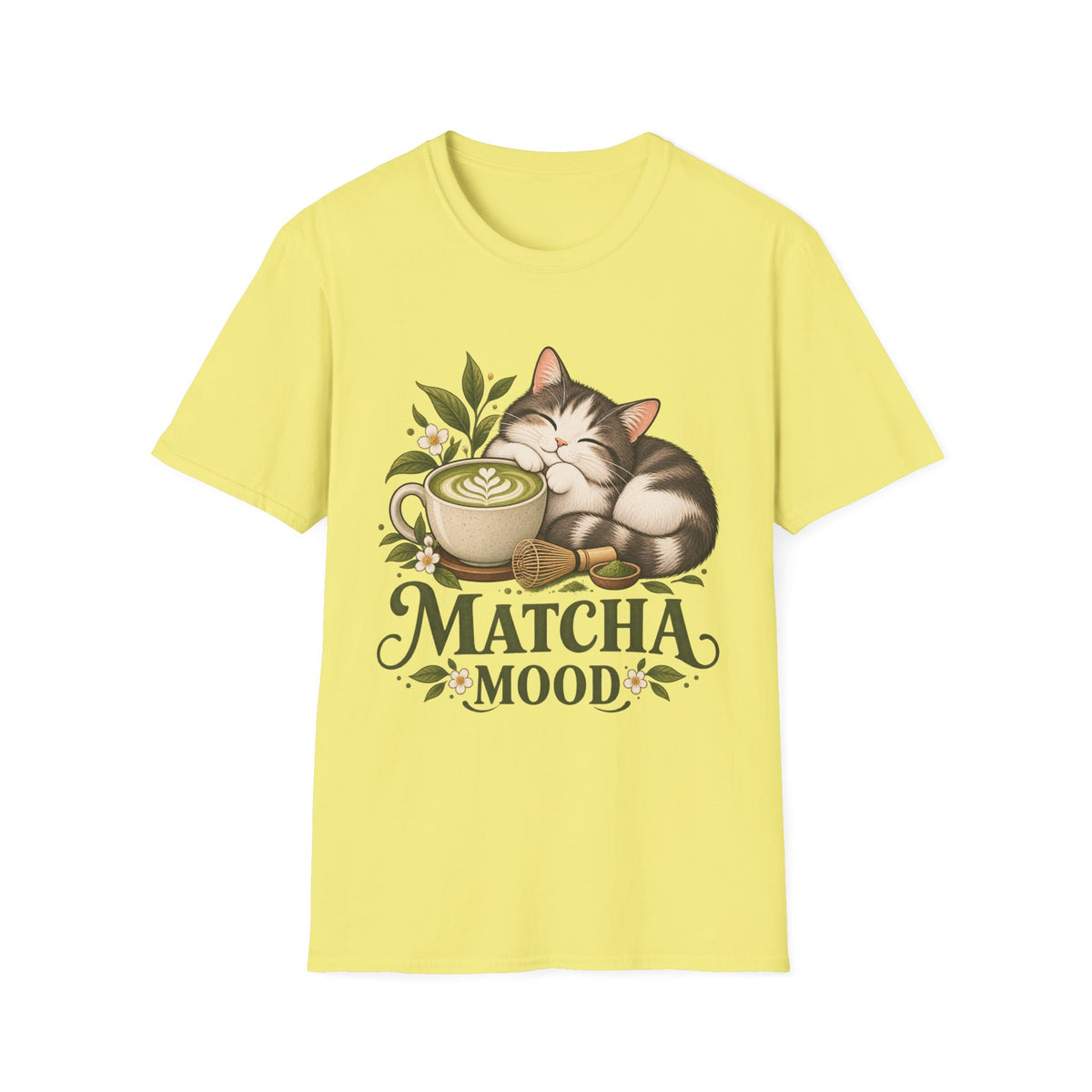 Matcha Mood Cat T-Shirt — Cute Sleeping Cat & Matcha Latte Tee for Tea Lovers