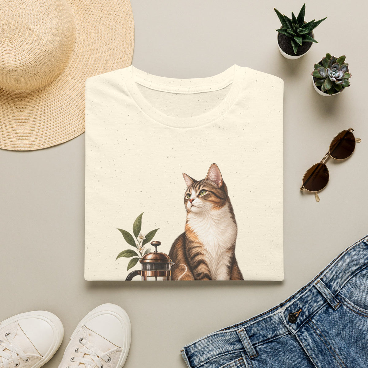 Cat & French Press T-Shirt — Cozy Coffee Lover Cat Tee
