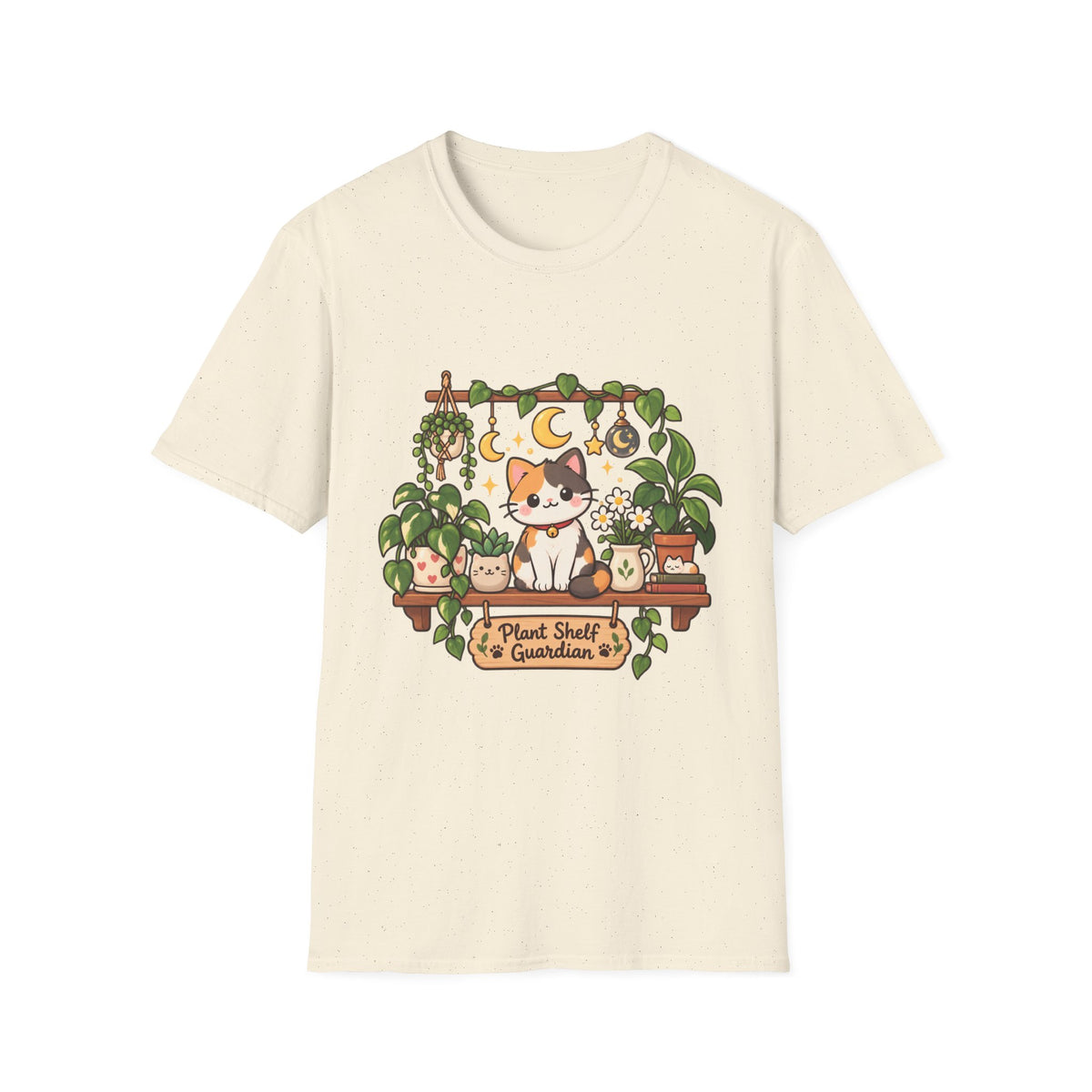 Plant Mom Cat T-Shirt — Calico Cat Among Houseplants with 'Plant Stuff + Gratitude' Design