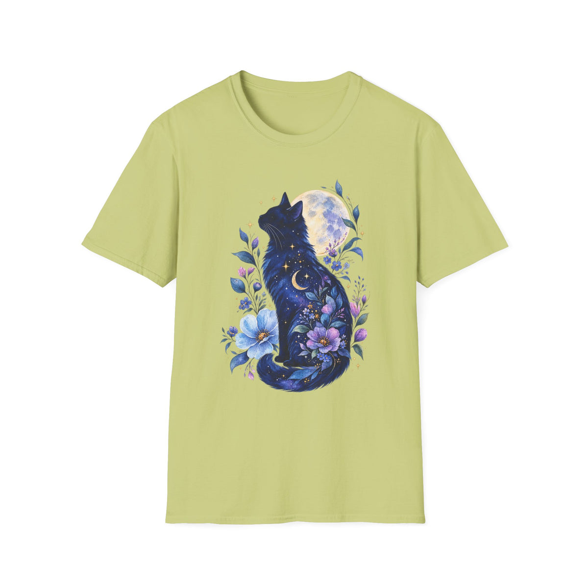 Moonlit Cat T-Shirt — Night Sky Floral Cat Silhouette Tee