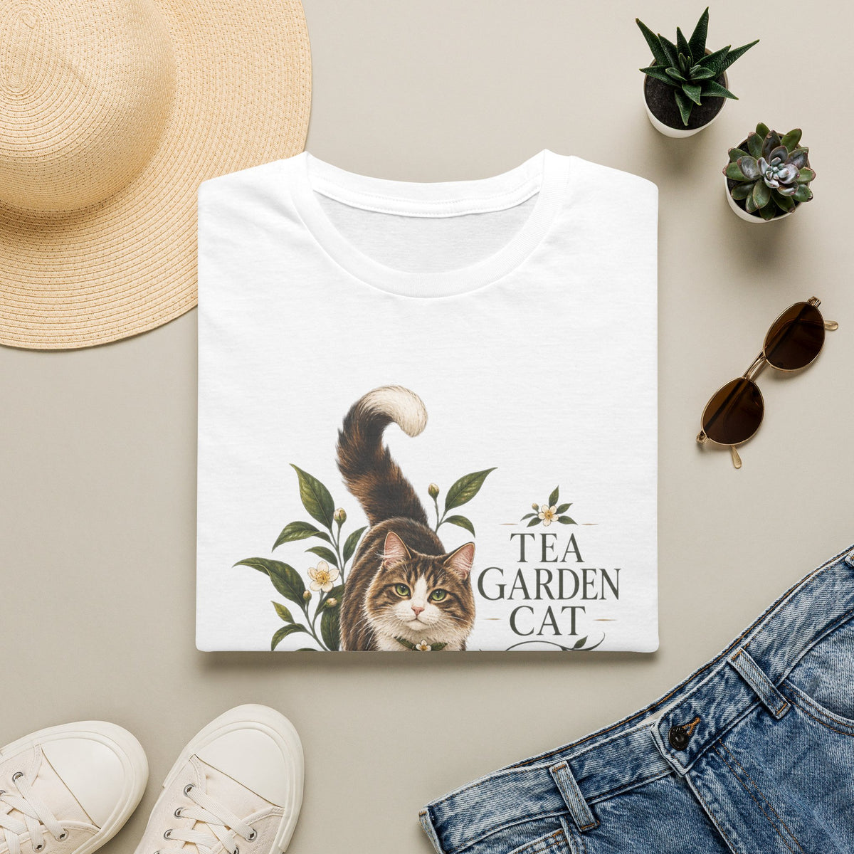 Tea Garden Cat T-Shirt — Cute Floral Cat Illustration Tee