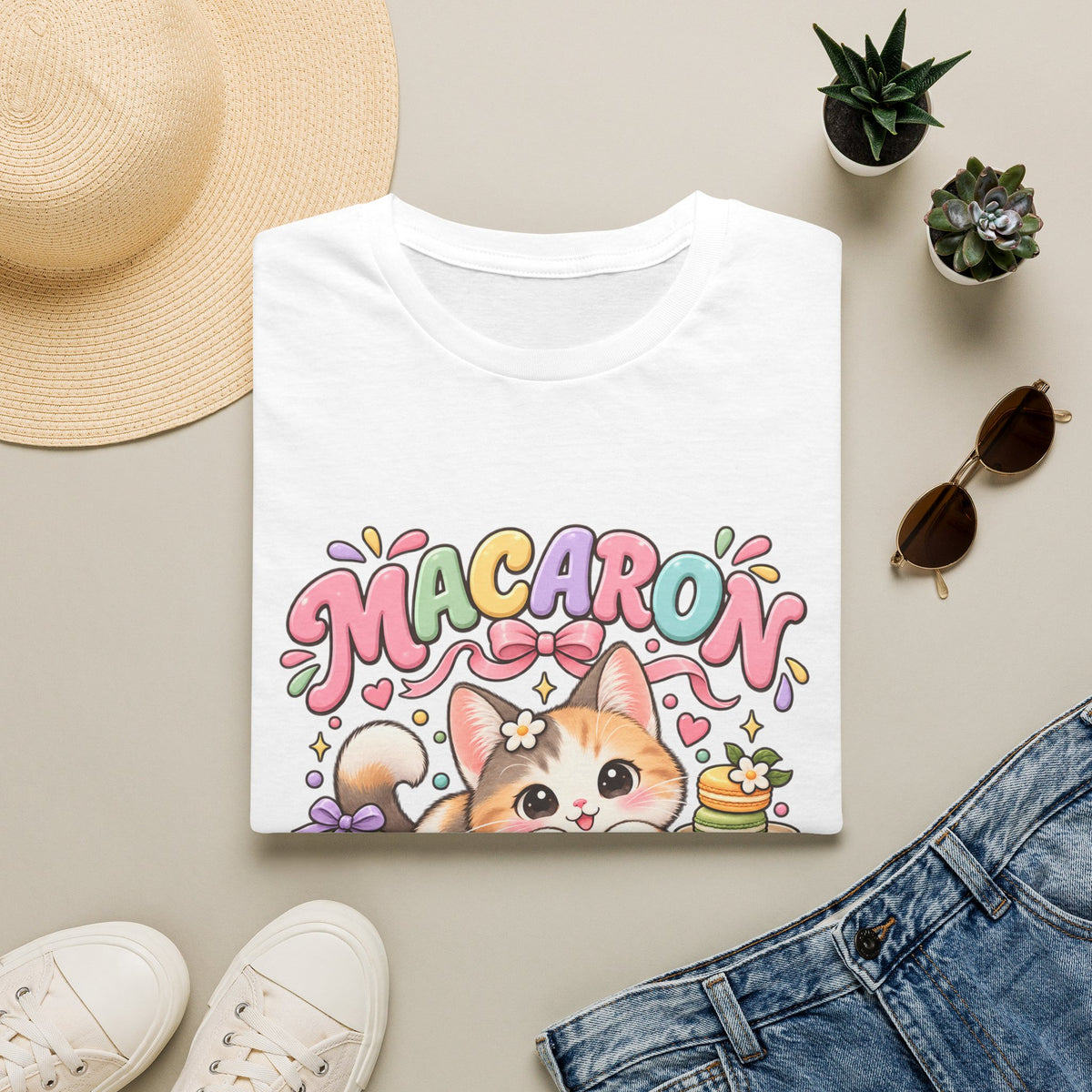 Macaron Mood T‑Shirt — Cute Kawaii Cat with Macarons Graphic