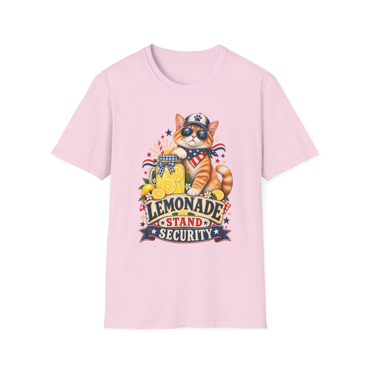 Patriotic Cat Lemonade Stand T-Shirt — "Lemonade Stand Security" Cute 4th of July Tee