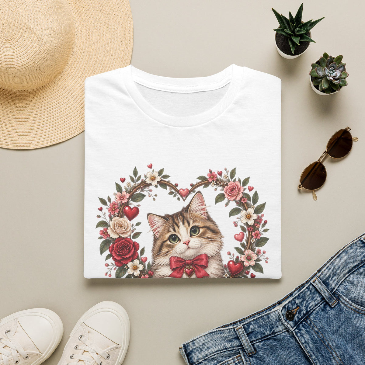 Valentine Cat T-Shirt – 'Valentine Whiskers' Floral Heart Kitten Tee