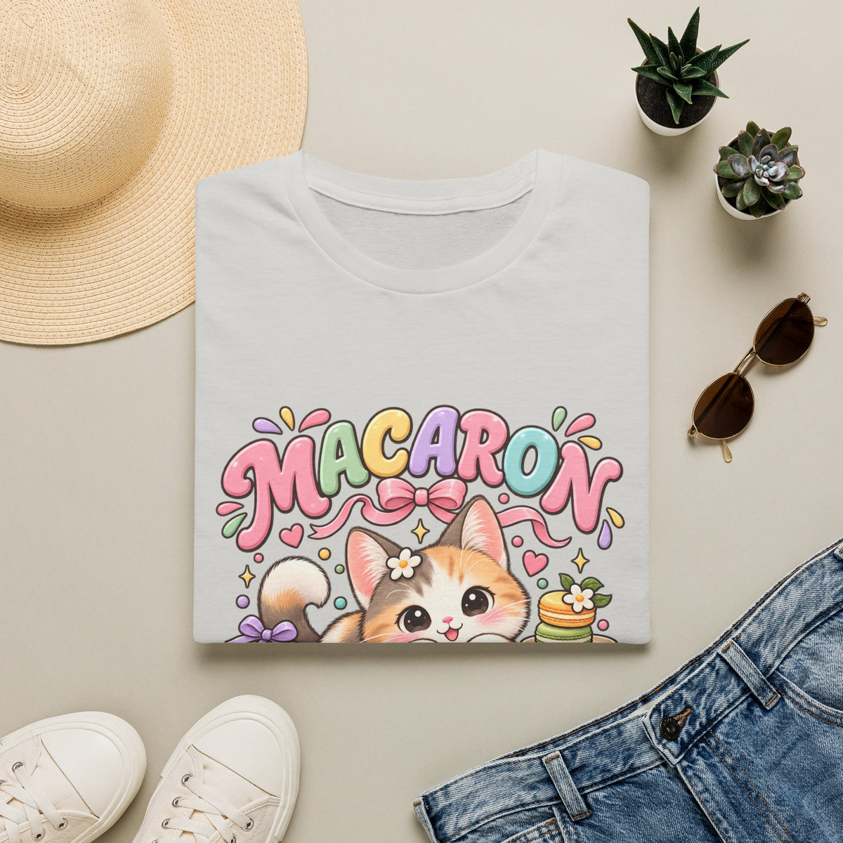 Macaron Mood T‑Shirt — Cute Kawaii Cat with Macarons Graphic