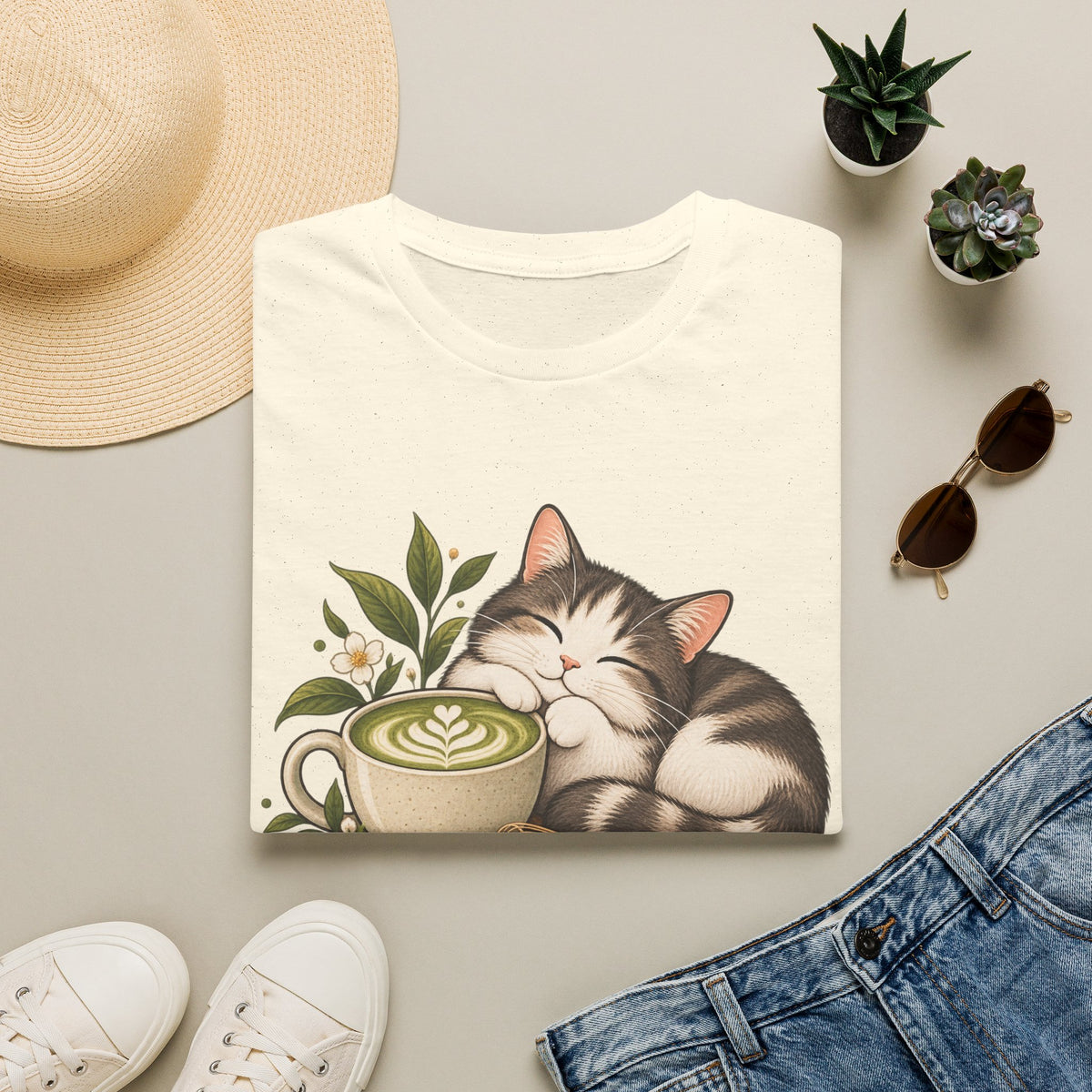 Matcha Mood Cat T-Shirt — Cute Sleeping Cat & Matcha Latte Tee for Tea Lovers