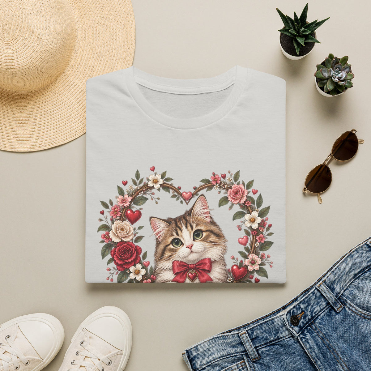 Valentine Cat T-Shirt – 'Valentine Whiskers' Floral Heart Kitten Tee