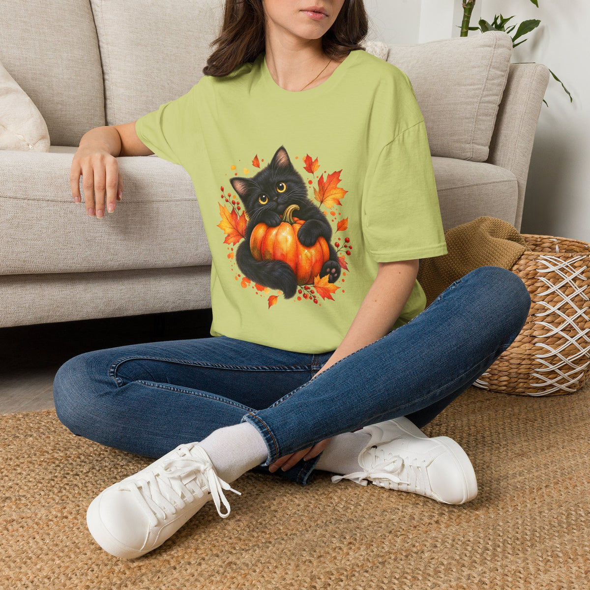 Black Cat Pumpkin T-Shirt — Cute Fall Halloween Tee with Autumn Leaves