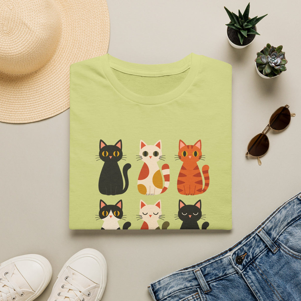 Cat Pattern T‑Shirt — Cute Row of Cartoon Cats Graphic Tee