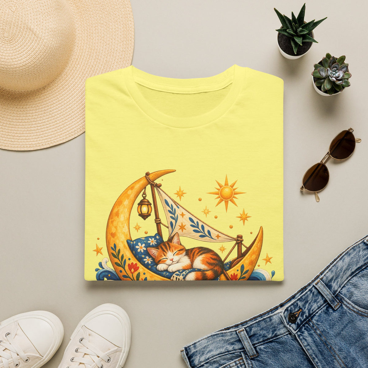 Cat on Crescent Moon T-Shirt — Whimsical Sleepy Cat Boho Tee