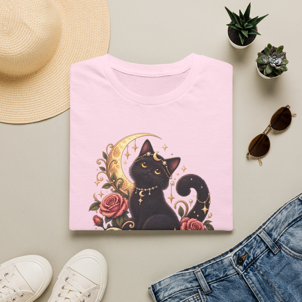 Moonlit Meow T-Shirt — Black Cat with Crescent Moon & Roses