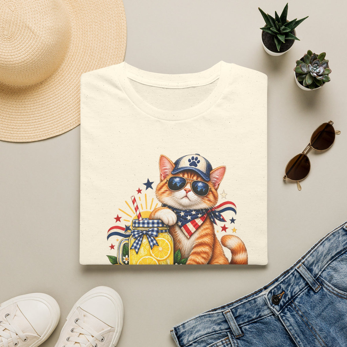 Patriotic Cat Lemonade Stand T-Shirt — "Lemonade Stand Security" Cute 4th of July Tee