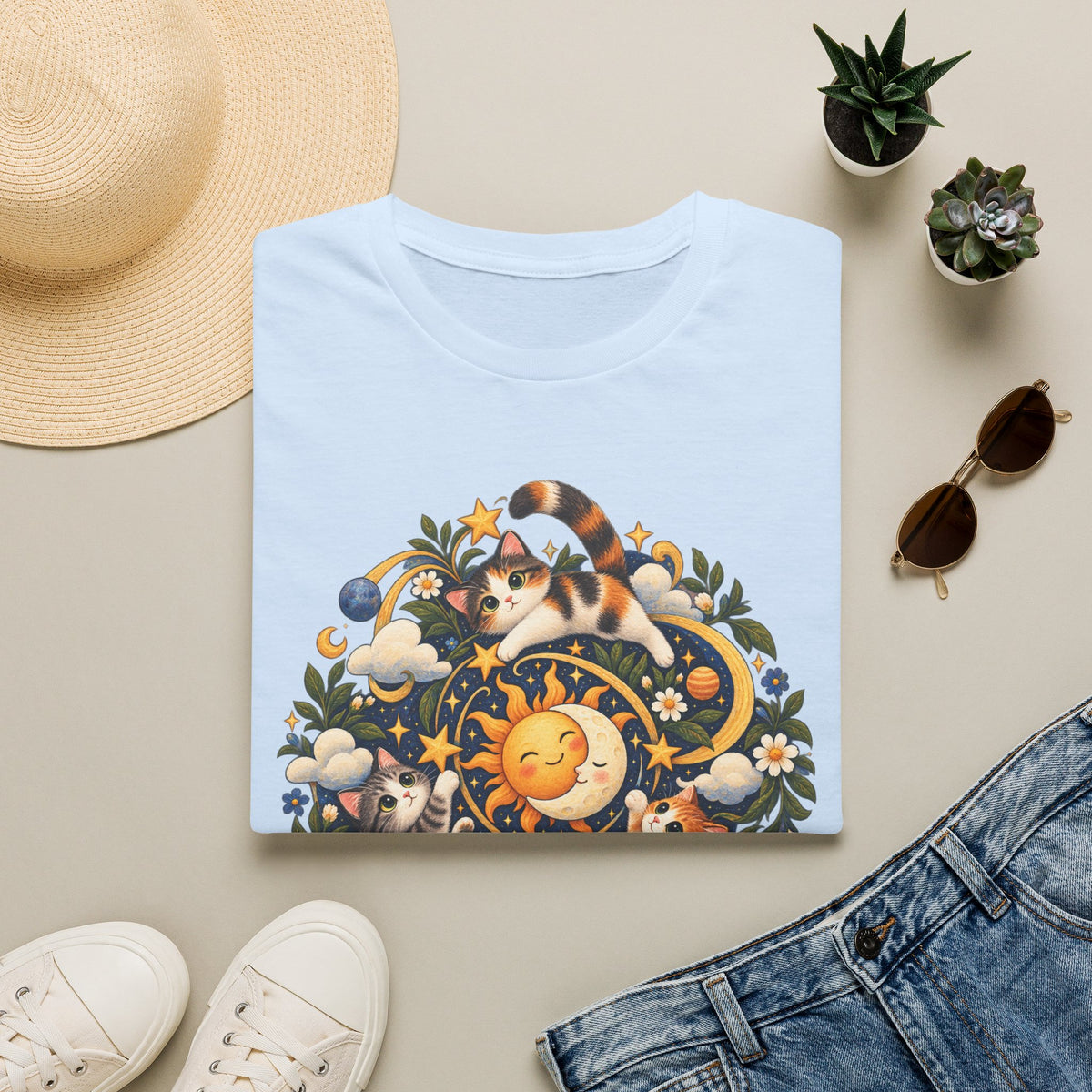 Celestial Cat Graphic Tee — Sun, Moon & Floral Vintage-Inspired T-Shirt