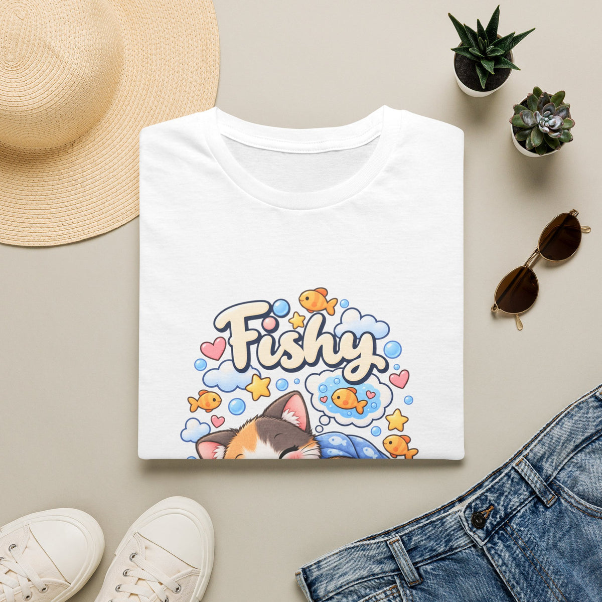 Fishy Dreams T-Shirt — Cute Cat & Goldfish Graphic Tee