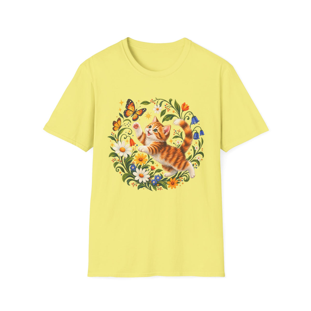 Cat and Butterflies T-Shirt — Whimsical Floral Kitten Tee