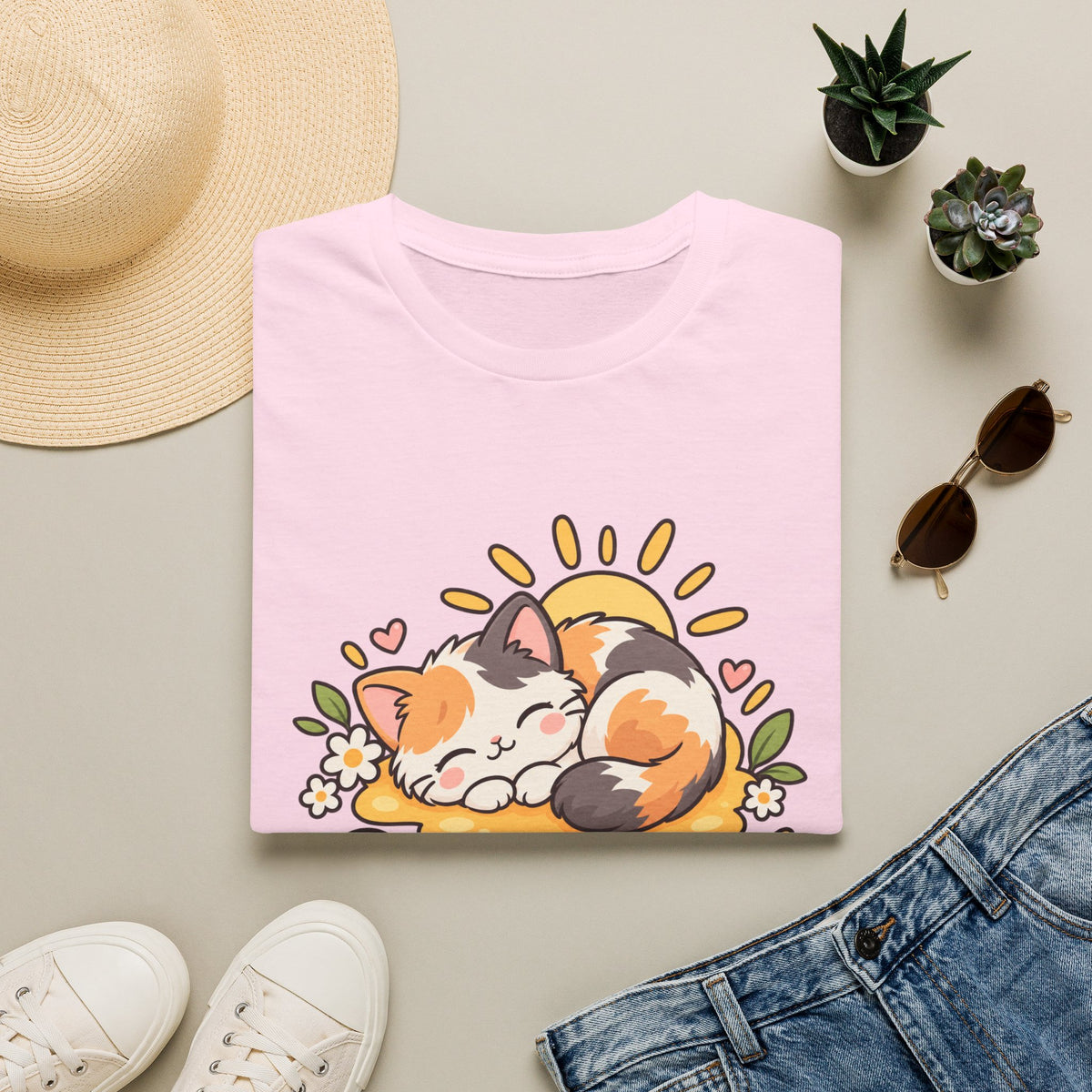 Cat T-Shirt — "Sunny Nap" Calico Cat Graphic Tee