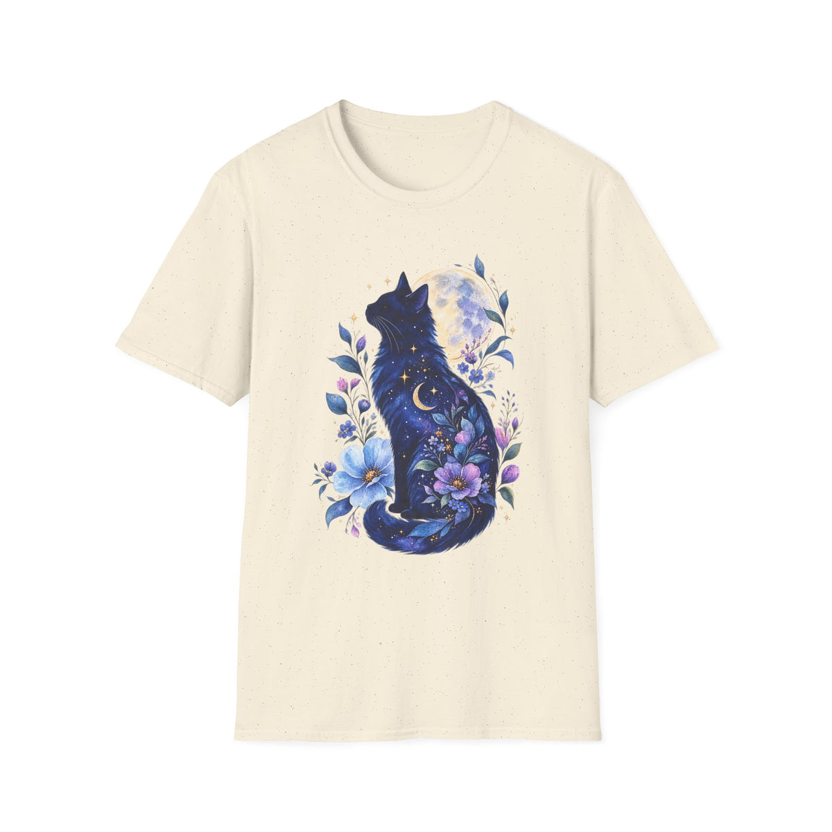 Moonlit Cat T-Shirt — Night Sky Floral Cat Silhouette Tee