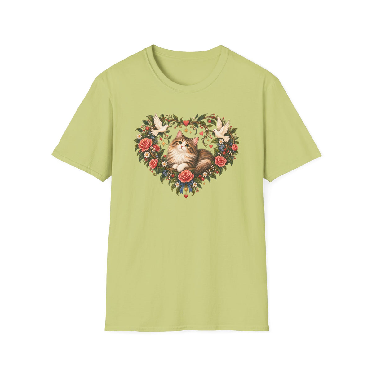 Cat Heart Floral T-Shirt — Vintage Rose & Dove Kitty Tee