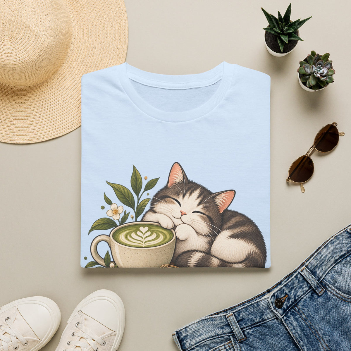 Matcha Mood Cat T-Shirt — Cute Sleeping Cat & Matcha Latte Tee for Tea Lovers