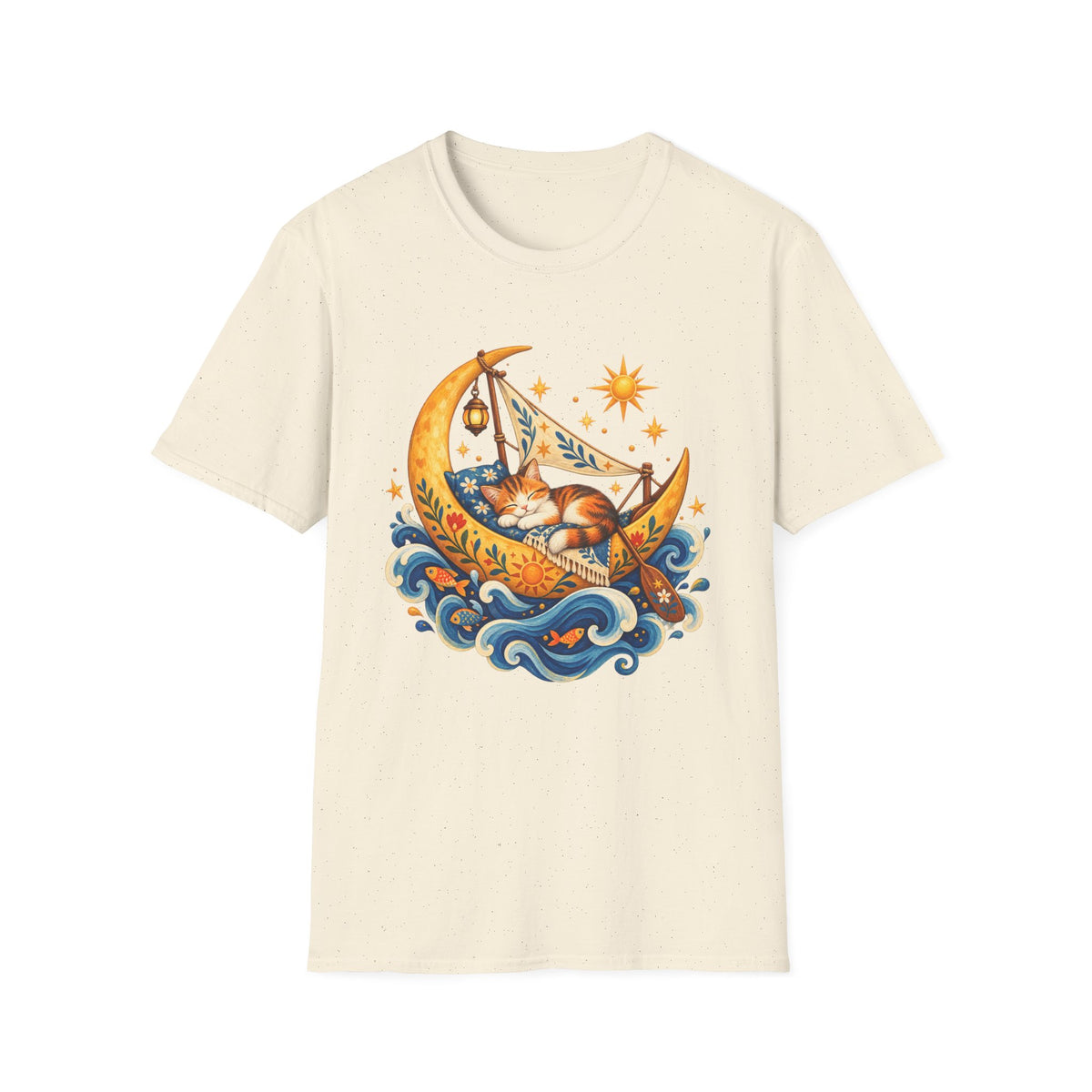 Cat on Crescent Moon T-Shirt — Whimsical Sleepy Cat Boho Tee