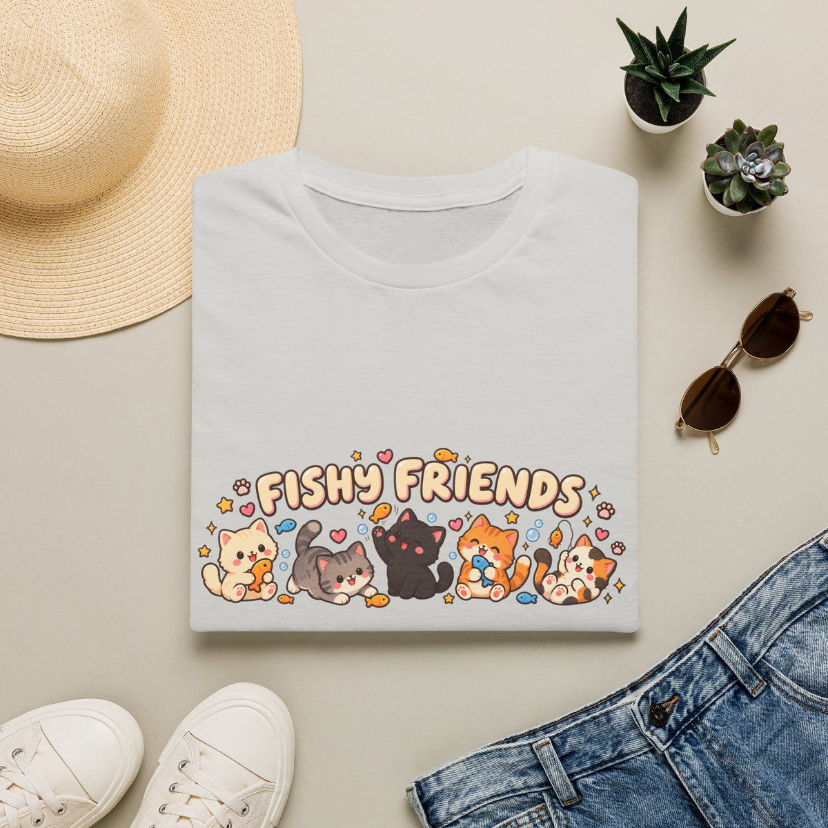 T-Shirt — Cute "Fishy Friends" Cat Graphic Tee | Kawaii Cat Lover Gift