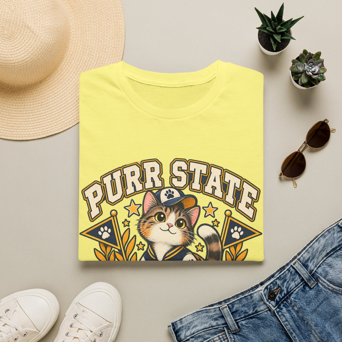Purr State College T-Shirt — Cute Cat Mascot Graphic Tee