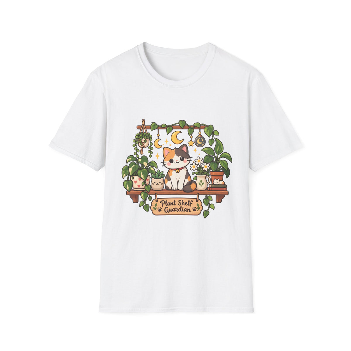 Plant Mom Cat T-Shirt — Calico Cat Among Houseplants with 'Plant Stuff + Gratitude' Design