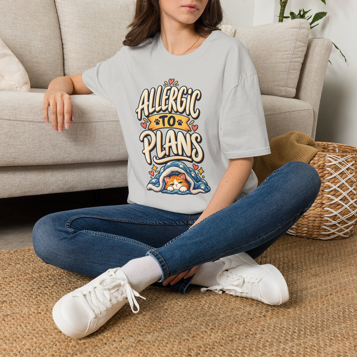 T-Shirt — "Allergic to Plans" Cute Cat Graphic Tee