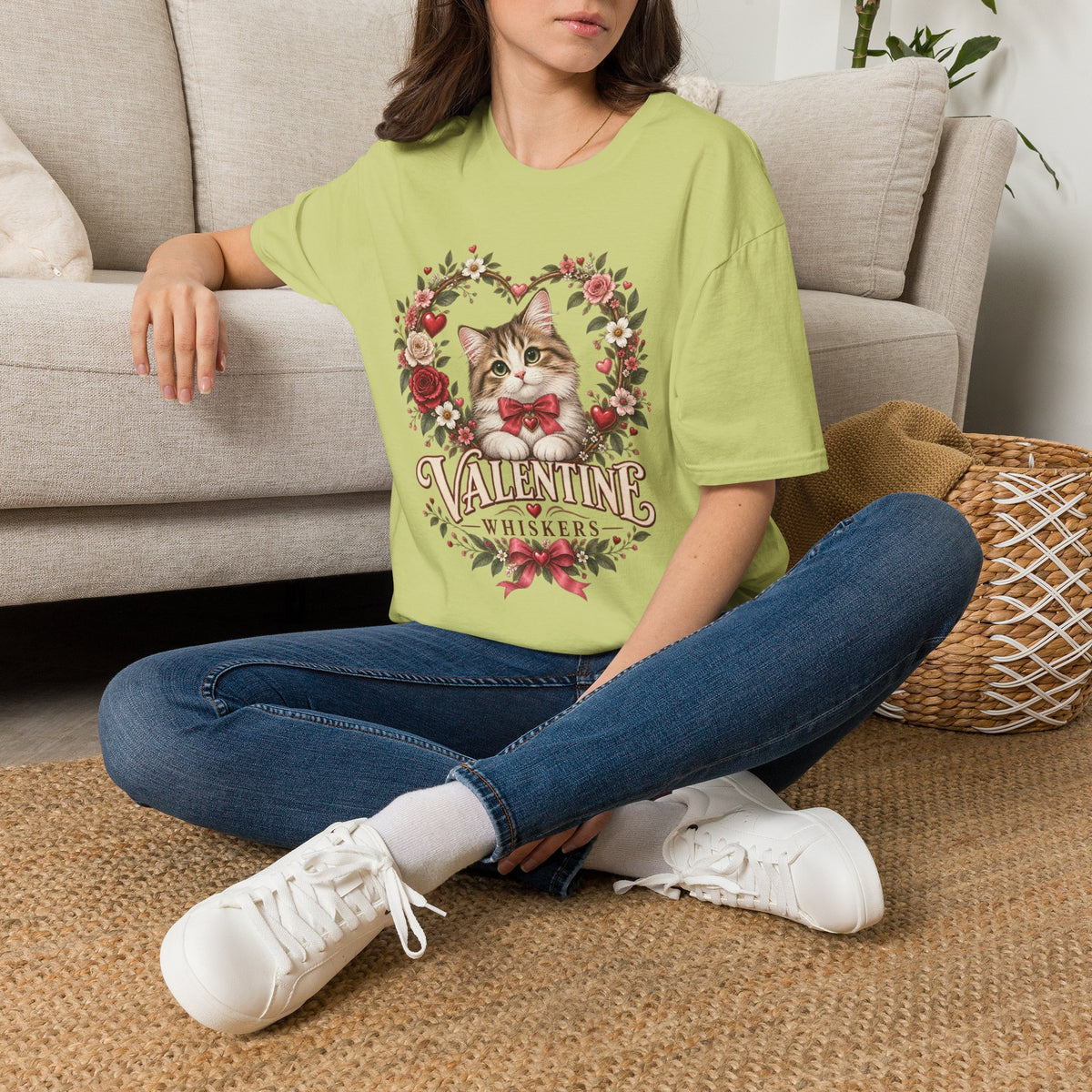 Valentine Cat T-Shirt – 'Valentine Whiskers' Floral Heart Kitten Tee