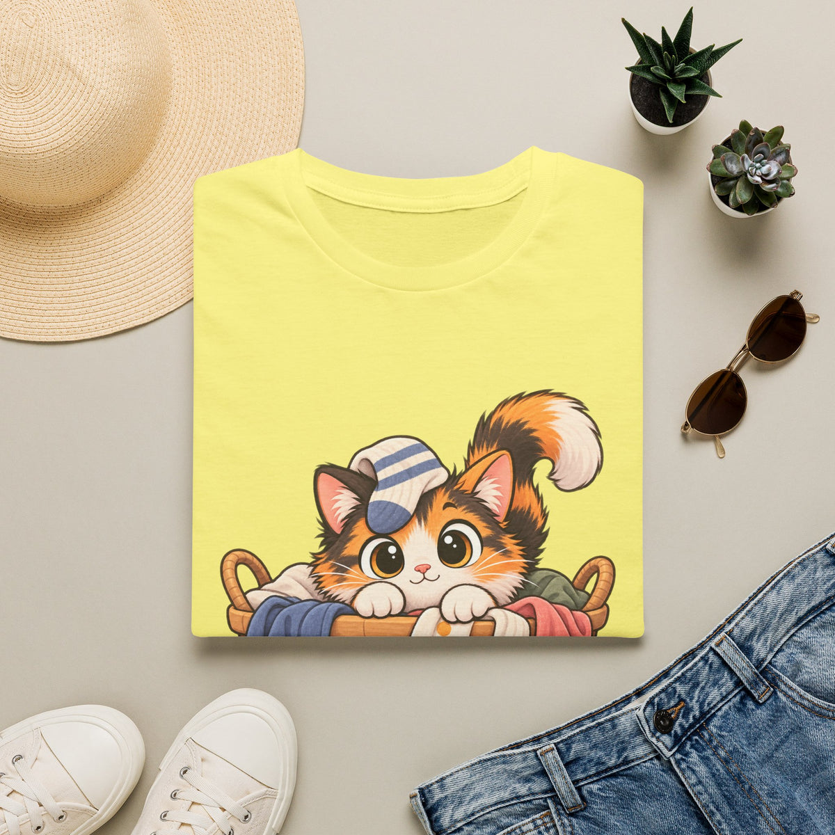 Cute Calico Cat in Laundry Basket T-Shirt