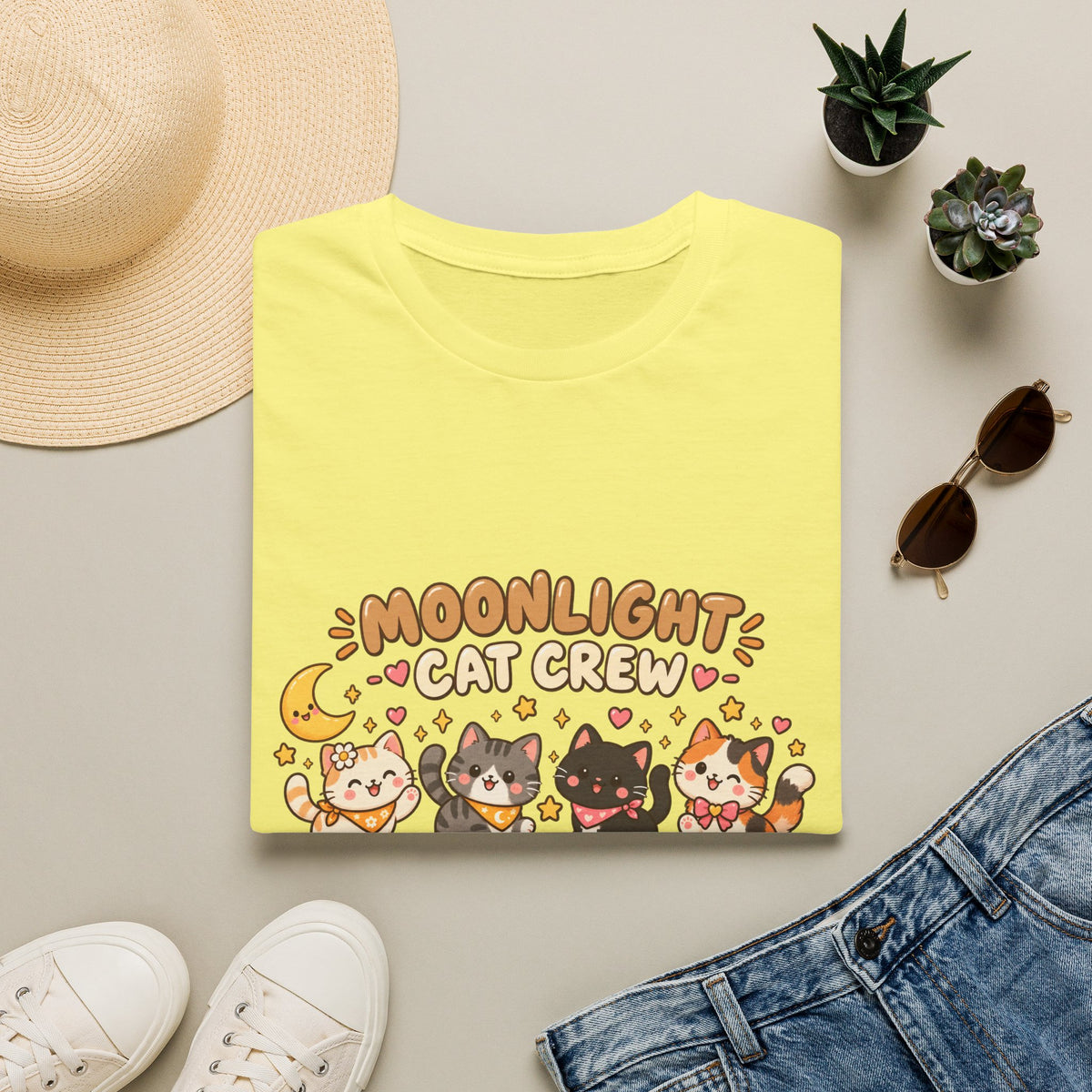 Moonlight Cat Crew T-Shirt — Cute Kawaii Cat Graphic Tee