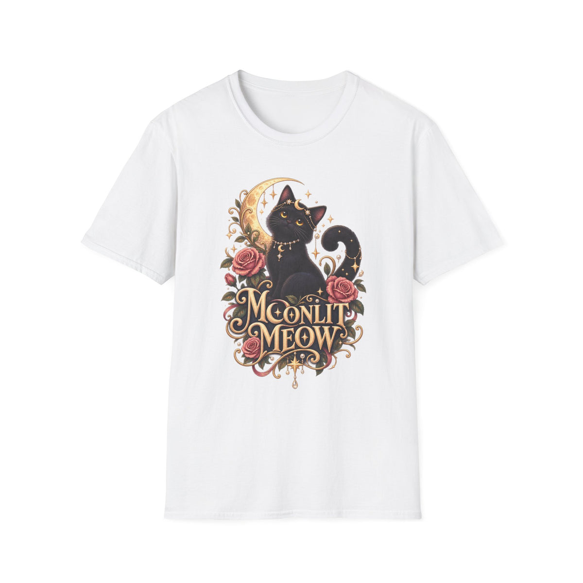 Moonlit Meow T-Shirt — Black Cat with Crescent Moon & Roses