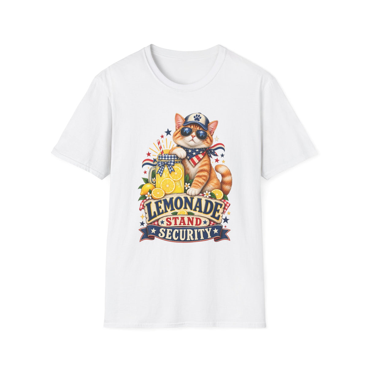 Patriotic Cat Lemonade Stand T-Shirt — "Lemonade Stand Security" Cute 4th of July Tee
