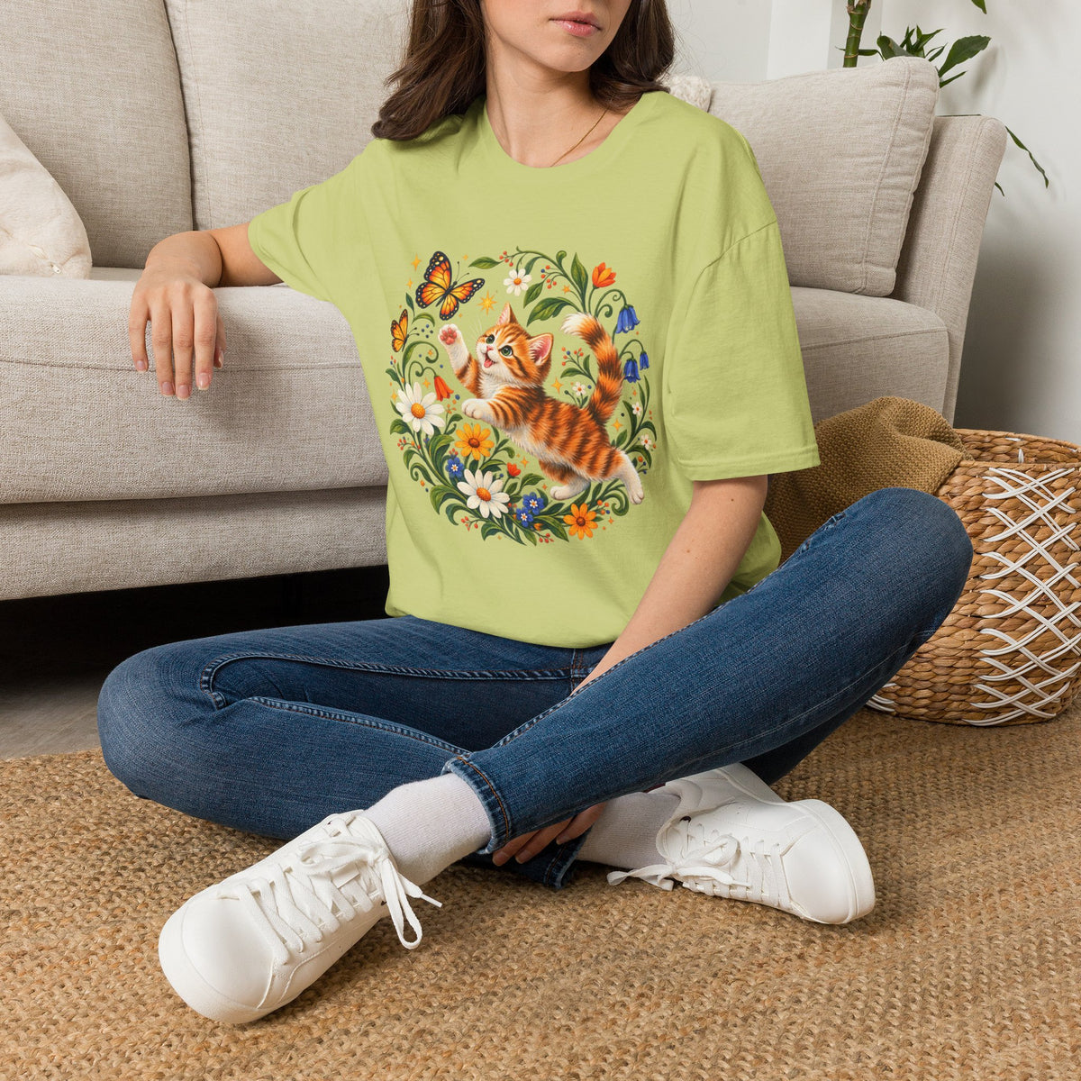 Cat and Butterflies T-Shirt — Whimsical Floral Kitten Tee
