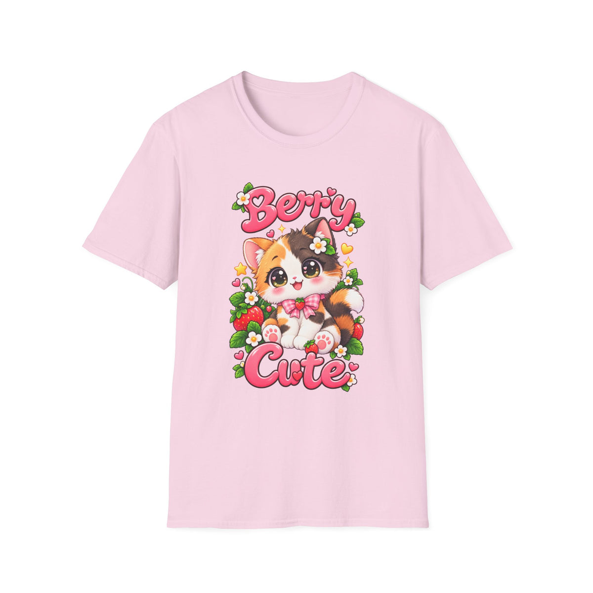 Cute Calico Cat 'Berry Cute' T-Shirt — Kawaii Fruit & Floral Graphic Tee
