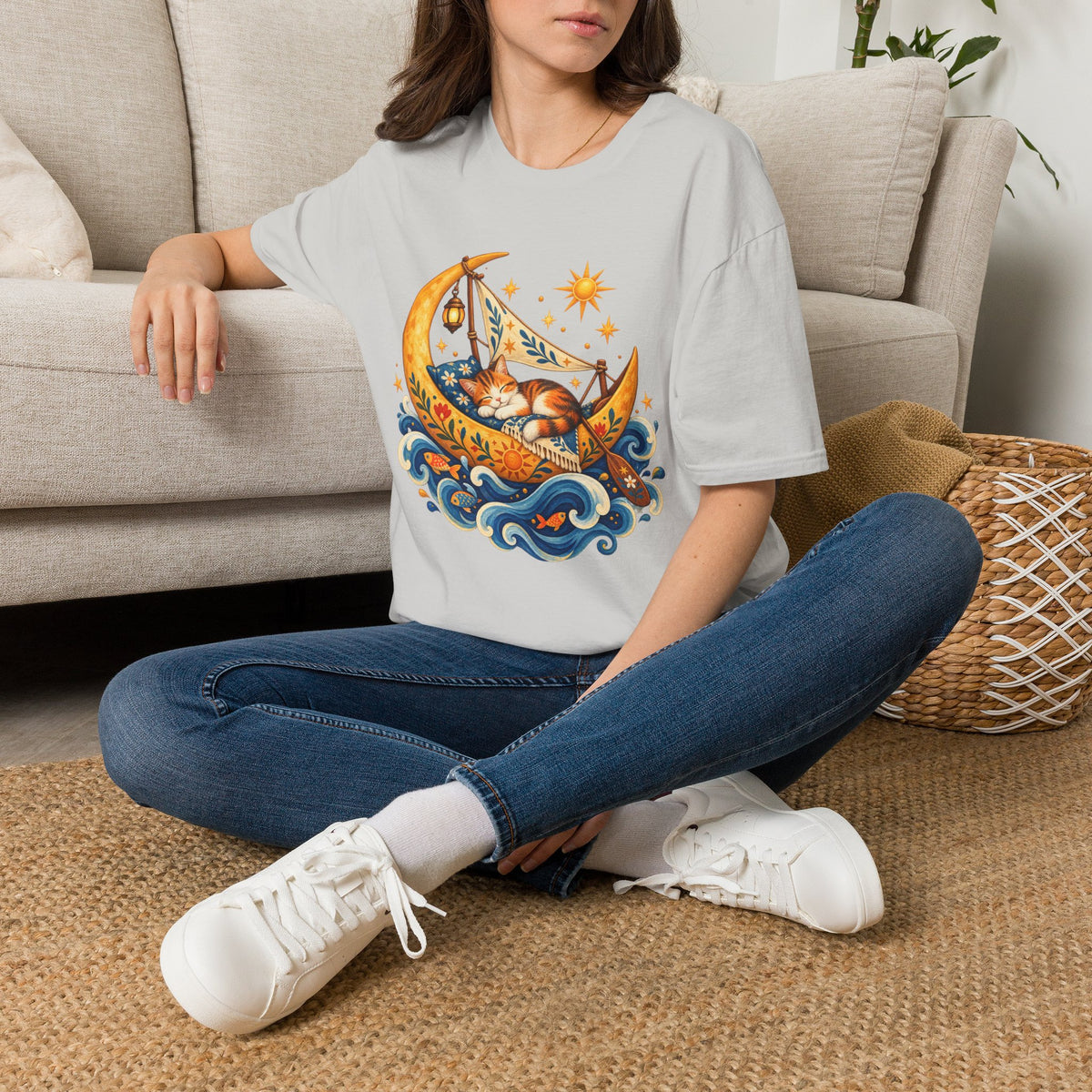 Cat on Crescent Moon T-Shirt — Whimsical Sleepy Cat Boho Tee