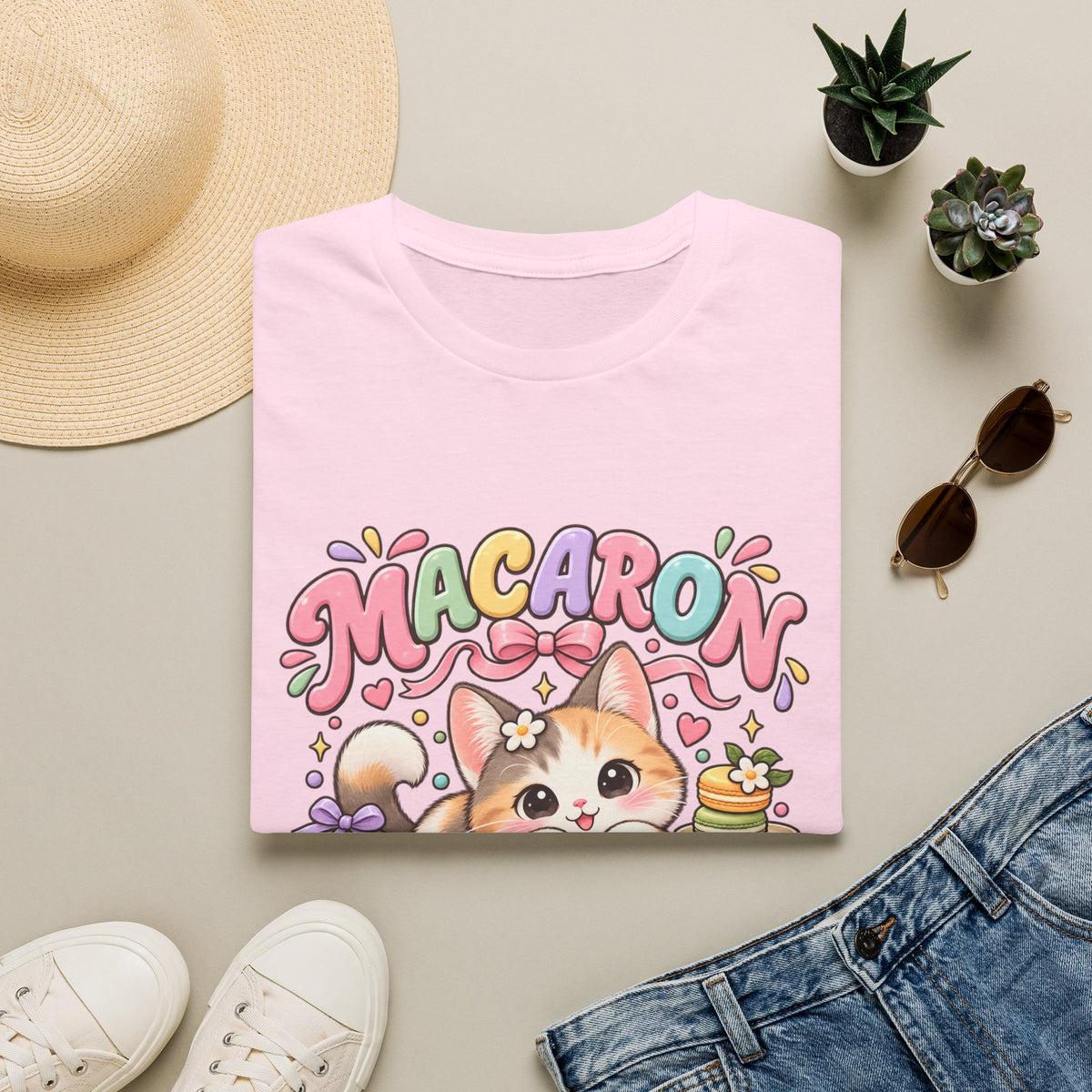 Macaron Mood T‑Shirt — Cute Kawaii Cat with Macarons Graphic