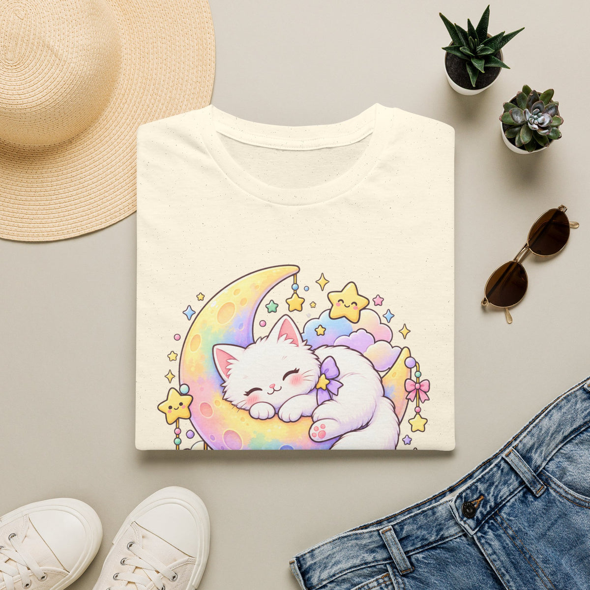 Moon Cat T-Shirt — Cute Sleeping Kitty on Crescent Moon