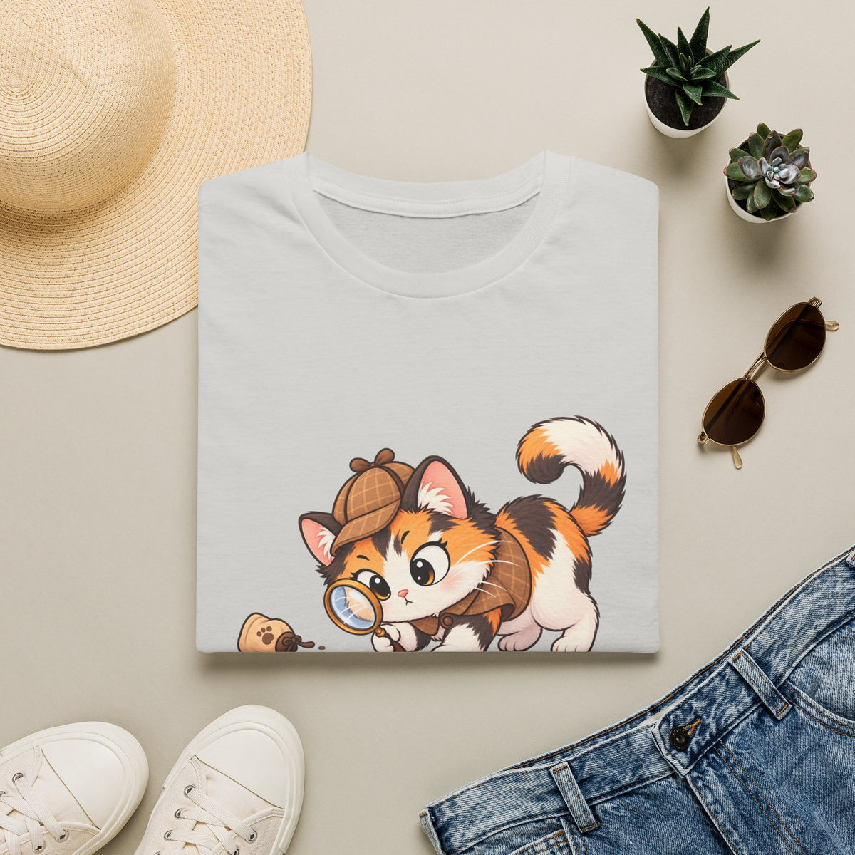 Detective Kitten T‑Shirt — Cute Calico Cat in Sherlock Hat Tee