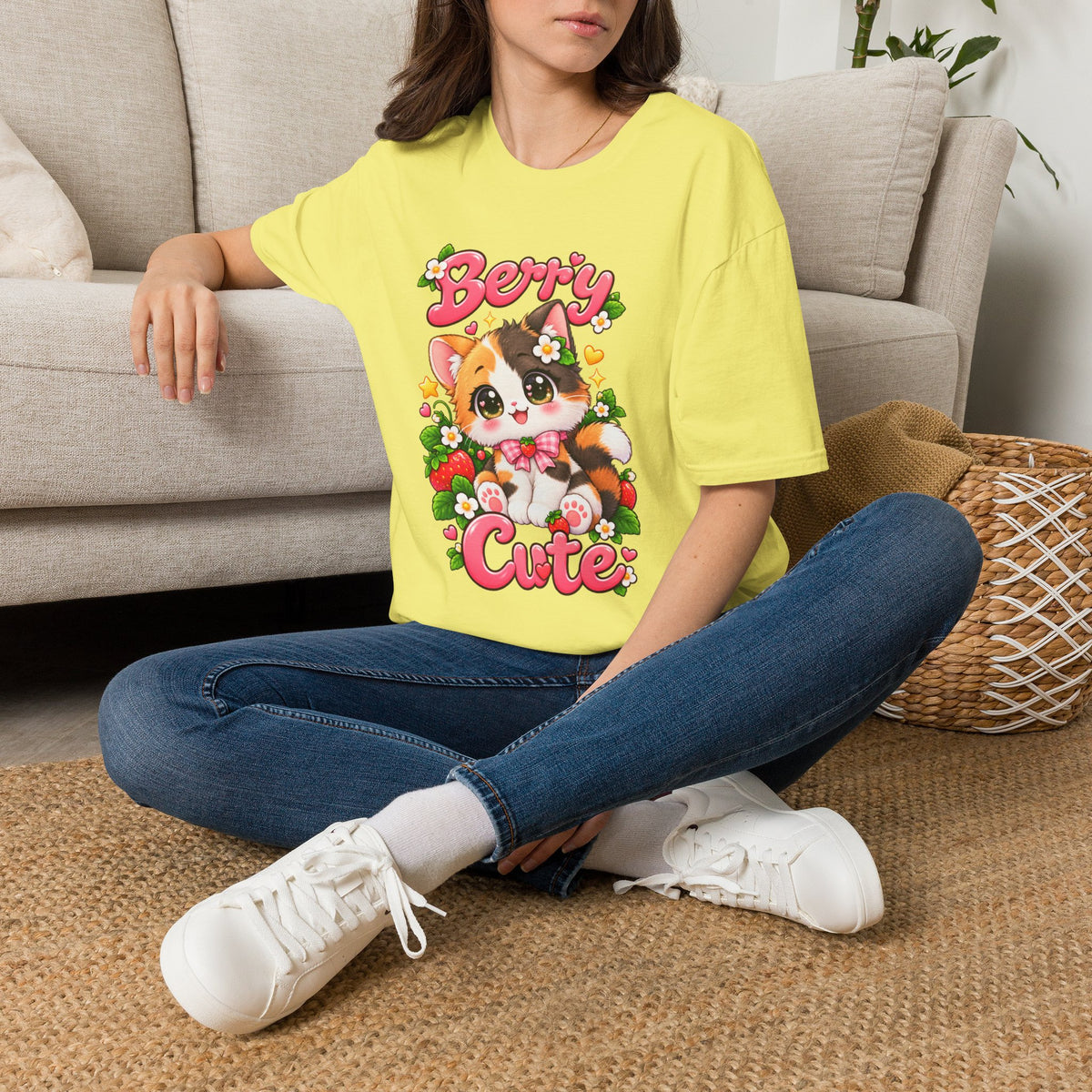 Cute Calico Cat 'Berry Cute' T-Shirt — Kawaii Fruit & Floral Graphic Tee