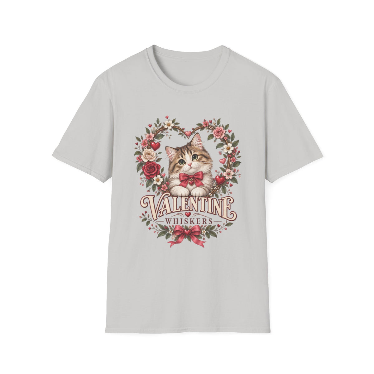 Valentine Cat T-Shirt – 'Valentine Whiskers' Floral Heart Kitten Tee