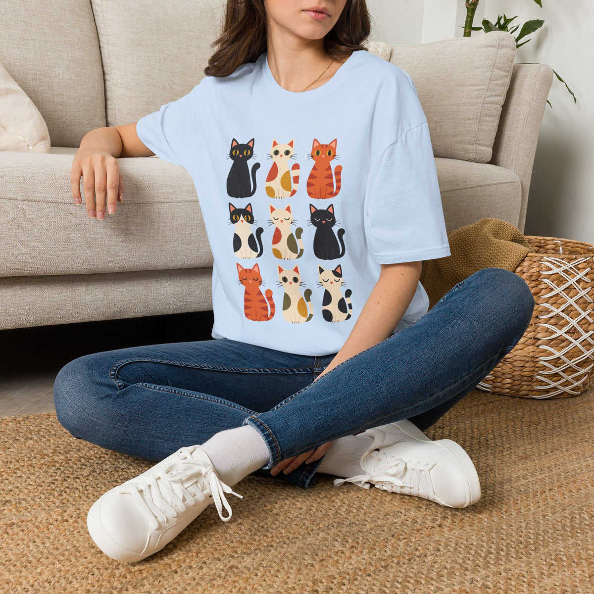 Cat Pattern T‑Shirt — Cute Row of Cartoon Cats Graphic Tee