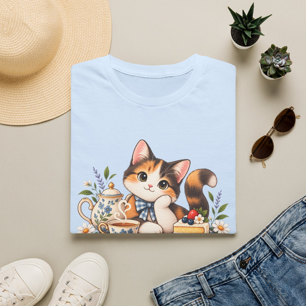 Tea Cake Cat T‑Shirt — Cute Calico Kitten Tea & Cake Graphic Tee
