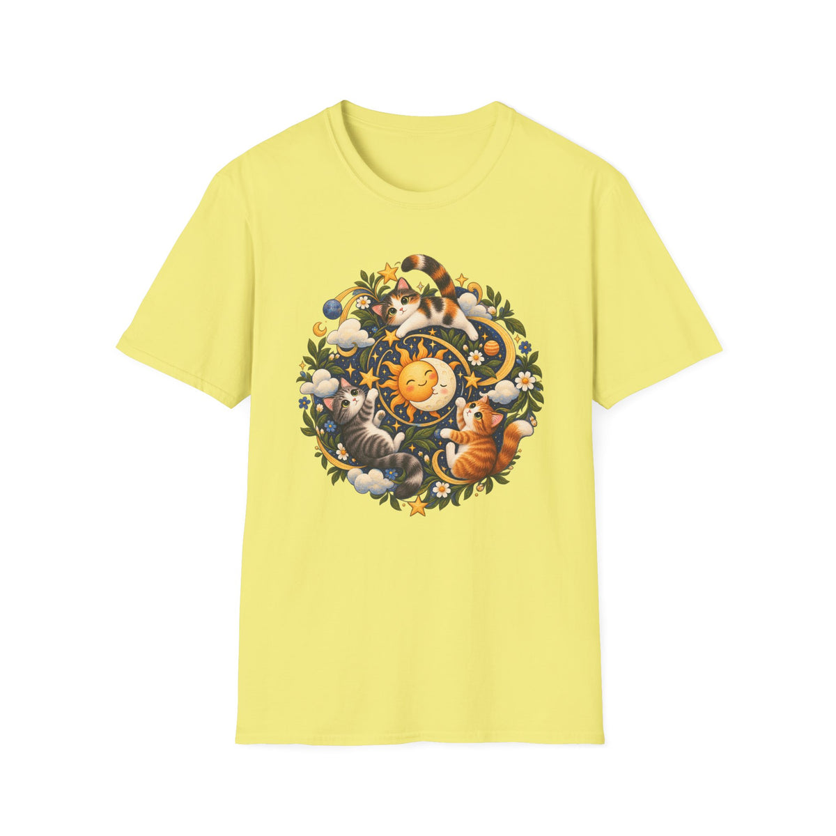 Celestial Cat Graphic Tee — Sun, Moon & Floral Vintage-Inspired T-Shirt